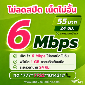 เน็ตวันทูคอล 55 บาท 1 วัน 6 Mbps