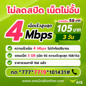 เน็ตวันทูคอล 55 บาท 3 วัน แบบใหม่ 105 บาท 3 วัน